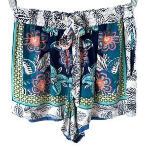 Blue Rain Floral‎ Shorts Large Boho Hawaiian Tropical Paperback Blue Vacation